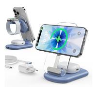 Chargeur Mag Safe, Station de Recharge et iPhone, 3 en 1 Compatible avec iPhone 17e 17 16 15 14 13 12 Pro Max/Air/Plus/Pro, pour Apple Watch 10/9, Airpods 3/2/Pro, Pliable, Bleu