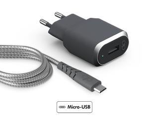 Chargeur maison 2.4A IC Smart + Câble renforcé USB A/micro USB Garanti à vie Gris Force Power