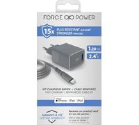Chargeur maison 2.4A IC Smart Garanti à vie + Câble USB A/Lightning Gris - 100% Plastique recyclé Force Power