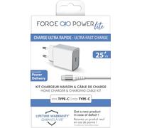 Chargeur Maison 25W Power Delivery Garanti à Vie + Câble USB C/USB C Blanc - 100% Plastique recyclé Force Power Lite