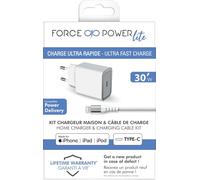 Force Power Lite - Adaptateur Secteur - Avec Câble Usb-C Vers Lightning, 100% Plastique Recyclé - 30 Watt - 3 A - Pd (24 Pin Usb-C) - Certifié Mfi - Blanc