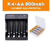 Chargeur mini K4 1.2VNi-MH AA/AAA, LED peut charger respectivement 2/4 piles rechargeables AA/AAA 1.2V Ni-MH, interface de charge USB TYPEC, comprenant 4 piles Ni-MH 800 mAh AA ou 300 mAh AAA ABS