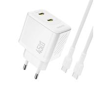Chargeur mural 2 ports USB-C avec câble USB-C GaN PD 45 W - Blanc
