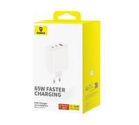 Chargeur mural Cube Pro 65W GaN avec 2 ports USB-C et USB-A, blanc.