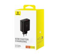 Chargeur mural Cube Pro 65W GaN avec 2 ports USB-C et USB-A, noir.