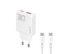 Chargeur mural GaN 30 W USB-A - USB-C avec câble USB-C - Blanc