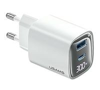 Chargeur mural USAMS GaN 30 W, charge rapide, USB-C/USB-A, blanc