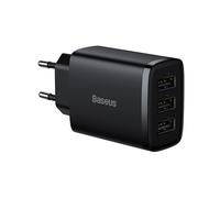 Chargeur Mural USB-A Baseus, Adaptateur USB 3 Ports 17W Prise EU - Charge Intelligente, Sûre et Compacte - Noir, compatible iPhone, Samsung, Google Pixel