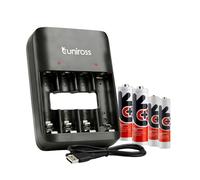 Chargeur Piles Rechargeables AA AAA USB-C Uniross Value, 4 Emplacements, LED, Noir - avec 2 Piles AA 1300 mAh + 2 Piles AAA 600 NIMH prêt a l'emploi + Câble USB-C