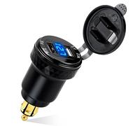Chargeur Prise Allume Cigare USB Rapide with LED Voltmeter, Waterproof Chargeur de Voiture Dual QC 3.0 USB Din Socket Adaptateur pour Motos 12V/24V BMW Motorcycles