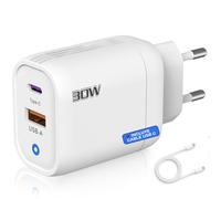 Chargeur Rapide 30 W avec 2 Ports Type C et Type A - Charge Rapide QC 3.0 - Compatible avec Samsung + iPhone + Xiaomi - Certifié CE - Couleur Blanc | 3-Stars