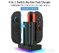 Chargeur rapide 6-en-1 pour manettes Joy-Con - Interface magnétique - Chargé complètement en 2,5 heures - Avec lumières RVB - Options d'alimentation multiples - Câble Type-C - Base antidérapante - Sup