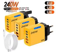 Chargeur rapide GaN 5-en-1 240W, adaptateur secteur de bureau, 3 ports PD, 2 ports USB pour iPhone, Samsung, Xiaomi, tablette, prise EU/US/UK, chargeur USB C Yellow UK