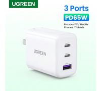 Chargeur rapide UGREEN 65W 3 ports Type C PD compatible avec SAMSUNG S24 Ultra Tablet, compatible avec 16/15/14 Pro Max. Chargeur prenant en charge la charge super rapide 2.0 avec une puissance de sor