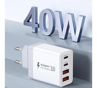 Chargeur Rapide USB-C 40W Multiport - Adaptateur Secteur 2 USB-C + 2 USB-A - Prise EU - Compatible avec iPhone, Samsung Galaxy, Huawei, Xiaomi, iPad, PC Portable - Charge Express Universelle