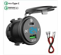 Chargeur Rapide USB C Voiture 12V , 24V QC 3.0 64W Double Prise Chargeur USB Étanche avec LED Voltmètre pour Voiture Aarine Moto