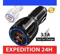 Chargeur rapide voiture - Quick Charge - 2 ports USB - Allume-cigare - Compatible iPhone, Samsung, GPS