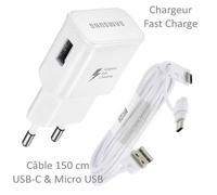 Chargeur - SAMSUNG - EP-TA20EBE - 2A - Câble Long 1,50m - Compatible Galaxy A80 A70 A50 A20e A40 A9 A8 A7 A5