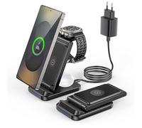 Chargeur sans Fil 3-en-1 pour Samsung - Station de Charge Rapide Repliable à Double Bobine Compatible avec Galaxy Watch 7/6/5/4/3/Pro,Galaxy Buds,S25/S24 Ultra/S23/S22/S21/Note/Z Fold & i-Phone