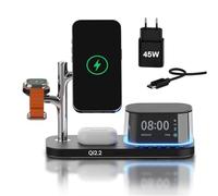 Chargeur sans Fil 5-en-1 avec Réveil, Haut-Parleur Bluetooth par MMOBIEL | Veilleuse LED - Pour MagSafe - Station de Charge sans Fil Qi2.2 25W pour iPhone, Apple Watch & AirPods - Noir