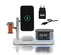 Chargeur sans Fil 5-en-1 avec Réveil, Haut-Parleur Bluetooth & Veilleuse LED pour MagSafe par MMOBIEL - Station de Charge sans Fil Qi2.2 25W pour iPhone, Apple Watch & AirPods - Blanc