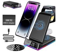 Chargeur sans Fil avec 30W PD Adaptateur, 3 en 1 Pliable Chargeur Induction avec Horloge Compatible avec l'iPhone 17/16/15 Serie, Station de Charge pour iwatch 8/7/6/5/4/3/2 et Air Pods Pro/3/2(Noir)
