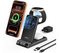 Chargeur sans Fil pour Apple, Station de Charge magnétique 3 en 1 avec Horloge, Support de Charge sans Fil de Voyage Pliable pour iPhone 17e/17 Pro/16/15, Chargeur de Montre pour iWatch 10 (Noir)