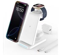 Chargeur sans fil pour Fitbit : station de charge 3 en 1 JoyGeek pour Fitbit Versa 4/Versa 3/Sense 2/Sense, support de chargeur de téléphone pour iPhone et Google Pixel Phone et Galaxy Phone, AirPods