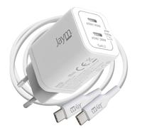 Chargeur Secteur 2 USB-C GaN 65W PD-PPS avec Câble USB-C vers USB-C 100W 2m Jaym Blanc