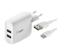 Chargeur Secteur Double USB 24W avec Câble USB-C 1m Belkin Boost Charge Blanc