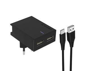 Chargeur Secteur Double USB 3A Smart IC Câble USB-C Slim Noir
