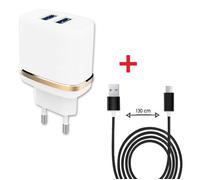 Chargeur Secteur Double USB - Blackview - BV7000 Pro - Câble Micro USB 1,3m - 3,1A - Nylon Blanc