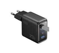 Chargeur Secteur GaN 70W 2 Ports USB-C PD / USB-A et Prise Pliable Noir