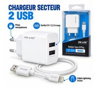 Chargeur secteur - JNR - TECHTA - Double USB-A - 5V 2 1A - Câble Lightning inclus