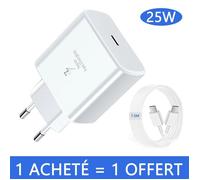 Chargeur Secteur Rapide 25W + USB Type-C, pour SAMSUNG S22 5G-S22 ULTRA 5G-S21 FE 5G-S21-S21 PLUS-S20 etc, Blanc