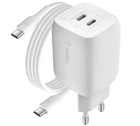 Chargeur Secteur Rapide Double USB-C GaN 65W PD et PPS Compact avec Câble USB-C Blanc