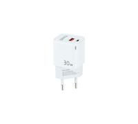 Chargeur Secteur Universel TooQ 30W GaN, 1 Port USB 2.0, 1 Port USB Type-C, Charge Rapide, 100-240V, Blanc, avec Adaptateur Secteur EU