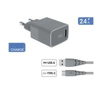 Chargeur secteur USB A + Cable USB C 1.2m Recycle Gris