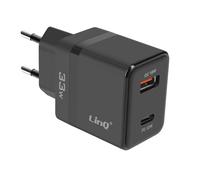 Chargeur Secteur USB-C 33W + USB 18W Charge Rapide Design Compact LinQ Noir