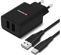 Chargeur secteur USB double 2.1A avec Smart IC + câble USB-C, Swissten - Noir