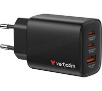 Verbatim Chargeur Essentials GaN 65 W – 2x USB‑C PD3.0 + 1x USB‑A QC3.0 – Noir