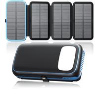 Chargeur Solaire Power Bank 27000mah ¿ Batterie Externe Avec 3 Sorties Usb, Charge Rapide 15w, Lampe Torche Lumineuse Intégrée Et 4 Panneaux Solaires Pour Smartph Tablettes (Bleu)