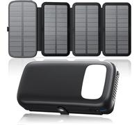 Chargeur Solaire Power Bank 27000mah ¿ Batterie Externe Avec 3 Sorties Usb, Charge Rapide 15w, Lampe Torche Lumineuse Intégrée Et 4 Panneaux Solaires Pliables, Pour Smartph Tablettes¿Noir¿