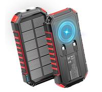Chargeur Solaire Power Bank 27000mAh - Riapow 22,5W Charge Rapide Batterie Externe sans Fil avec 2 Câbles Intégrés, USB C PD QC 3.0 Sortie Chargeur Portable pour Téléphone Tablette (Rouge)