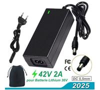 Chargeur trottinette electrique 42V 2A, Chargeur Batterie Vélo électrique 36V Lithium Adaptateur Universel, avec Sac de Rangement