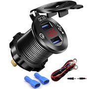 Chargeur USB 3.0 à Charge Rapide - Double Prise USB pour Voiture - Étanche - Adaptateur Allume-Cigare - 36 W - Charge Rapide avec voltmètre LED - pour Bateau, Moto, VTT, Bus, Camion (Noir)