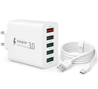 Chargeur USB 33W 5 Ports USBA Chargeur Rapide QC 3.0, avec 1 Câble de 2M | Adaptateur Prise Secteur Multiple Chargeur Multi-Ports Prise d'alimentation USB Compatible avec iPhone 12/13/14/Galaxy
