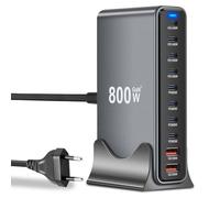 Chargeur USB 800 W - 10 ports - Chargeur rapide avec 8 USB C + 2 USB A - Station de charge pour plusieurs appareils compatibles avec Mac-Book, Pad, Phone 16/15/14, G-alaxy S22/S20, D-ell, HP