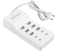 Chargeur USB à 10 ports, 50 W, 5 V, multiple, 10 ports, hub, station de charge rapide, pour téléphones portables, tablettes, consoles de jeux (prise UE)
