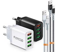 Chargeur USB, bloc d'alimentation 4 ports 33 W avec chargeur rapide QC 3.0 USB, multiple, avec 2 câbles de charge rapide de 2 m/3 m, adaptateur pour Samsung Galaxy S24/23/22/21, iPad Pro, LG, Sony